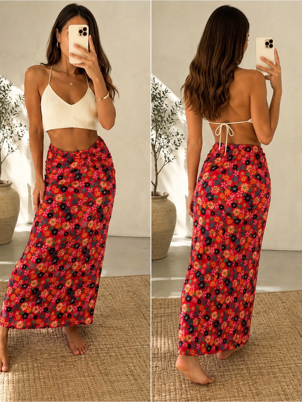 Red Floral Maxi Skirt - Women's Summer Wrap Style - Picture 2 of 13